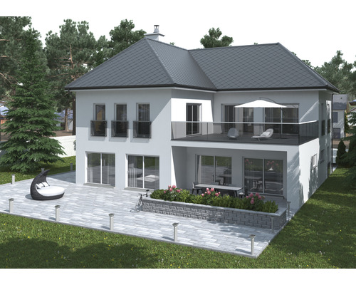 Ansicht eines zweistöckigen Hauses mit Terrasse, Balkon und Garten
