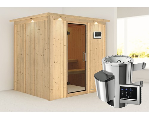 Plug & Play Sauna Karibu Achat VIII inkl. 3,6 kW Ofen u.ext.Steuerung mit Dachkranz und graphitfarbiger Ganzglastüre