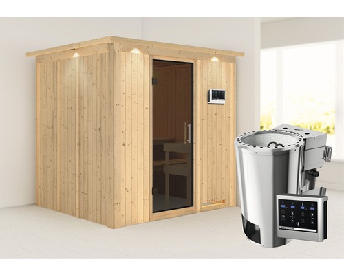 Plug & Play Sauna Karibu Achat VIII inkl. 3,6 kW Bio Ofen u.ext.Steuerung mit Dachkranz und graphitfarbiger Ganzglastüre