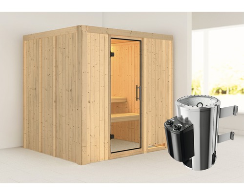 Plug & Play Sauna Karibu Maria inkl. 3,6 kW Ofen u.integr.Steuerung ohne Dachkranz mit Ganzglastüre aus Klarglas