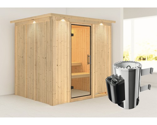 Plug & Play Sauna Karibu Achat VIII inkl. 3,6 kW Ofen u.integr.Steuerung mit Dachkranz und Ganzglastüre aus Klarglas