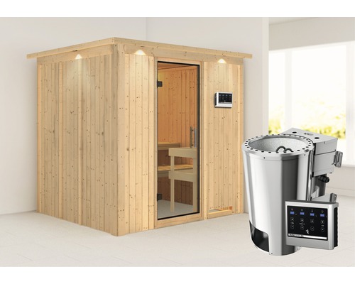 Plug & Play Sauna Karibu Achat VIII inkl. 3,6 kW Bio Ofen u.ext.Steuerung mit Dachkranz und Ganzglastüre aus Klarglas