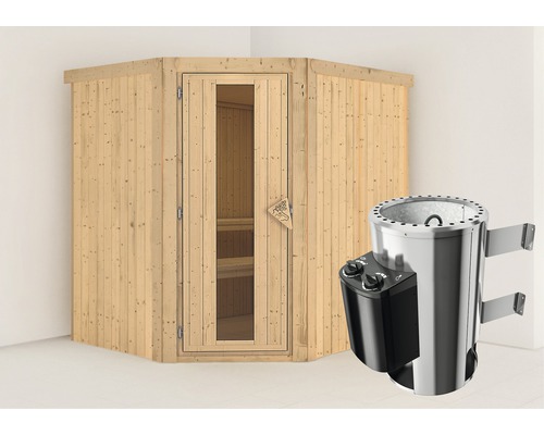 Plug & Play Sauna Karibu Silja inkl. 3,6 kW Ofen u.integr.Steuerung ohne Dachkranz mit Holztüre aus Isolierglas wärmegedämmt