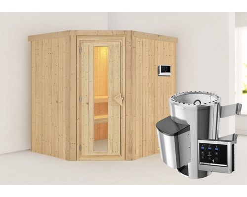 Plug & Play Sauna Karibu Silja inkl. 3,6 kW Ofen u.ext.Steuerung ohne Dachkranz mit Holztüre aus Isolierglas wärmegedämmt
