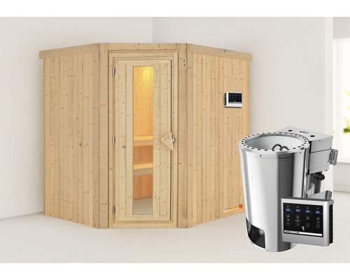 Plug & Play Sauna Karibu Silja inkl. 3,6 kW Bio Ofen u.ext.Steuerung ohne Dachkranz mit Holztüre aus Isolierglas wärmegedämmt