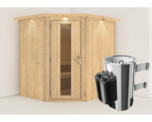 Plug & Play Sauna Karibu Achat VII inkl. 3,6 kW Ofen u.integr.Steuerung mit Dachkranz und Holztüre aus Isolierglas wärmegedämmt