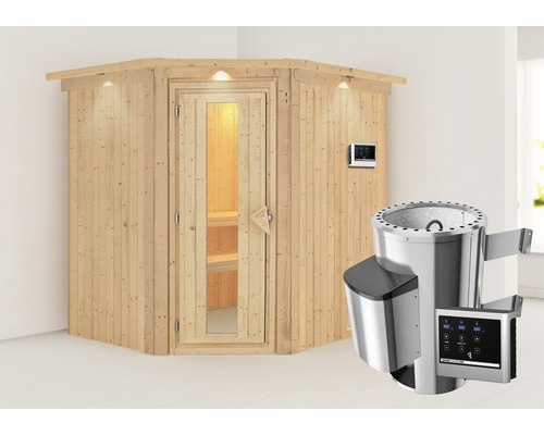 Plug & Play Sauna Karibu Achat VII inkl. 3,6 kW Ofen u.ext.Steuerung mit Dachkranz und Holztüre aus Isolierglas wärmegedämmt