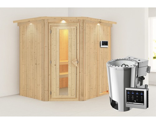 Plug & Play Sauna Karibu Achat VII inkl. 3,6 kW Bio Ofen u.ext.Steuerung mit Dachkranz und Holztüre aus Isolierglas wärmegedämmt
