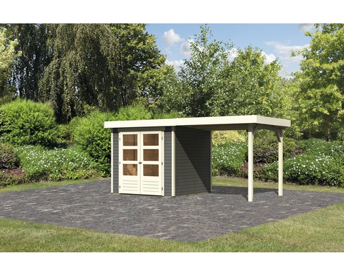 Gartenhaus Karibu Kodiak 2 mit Anbaudach 2,8 m 472 x 217 cm terragrau