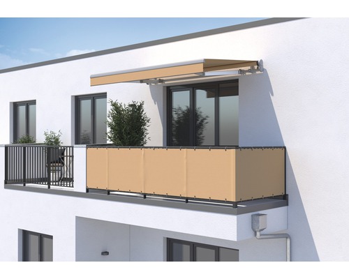SOLUNA Balkonverkleidung H:75 cm Dessin 0034 (Meterware) Balkon mit Sichtschutz, Markise und Bepflanzung.