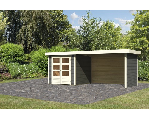 Gartenhaus Karibu Kodiak 2 mit Anbau 2,8 m, Rück- und Seitenwand 521 x 238 cm terragrau