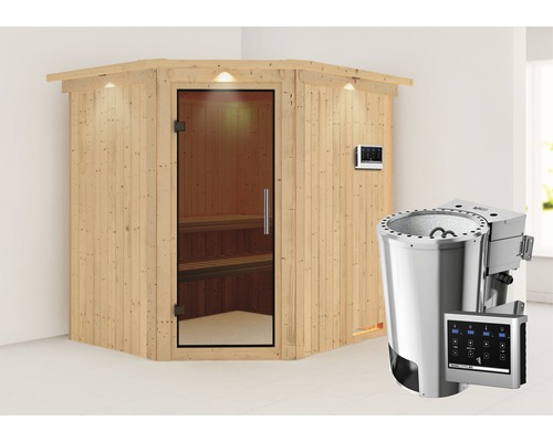 Plug & Play Sauna Karibu Achat VII inkl. 3,6 kW Bio Ofen u.ext.Steuerung mit Dachkranz und graphitfarbiger Ganzglastüre