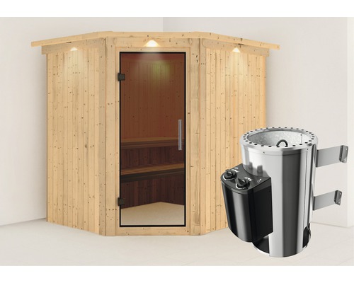 Plug & Play Sauna Karibu Achat VII inkl. 3,6 kW Ofen u.integr.Steuerung mit Dachkranz und graphitfarbiger Ganzglastüre