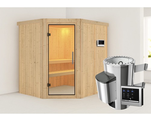 Plug & Play Sauna Karibu Silja inkl. 3,6 kW Ofen u.ext.Steuerung ohne Dachkranz mit Ganzglastüre aus Klarglas