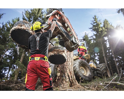 Waldarbeiter mit Forstbekleidung und Forstmaschine bei der Arbeit im Wald