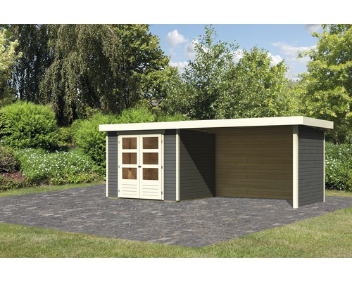 Gartenhaus Karibu Kodiak 3 mit Anbau 2,8 m, Rück- und Seitenwand 501 x 217 cm terragrau