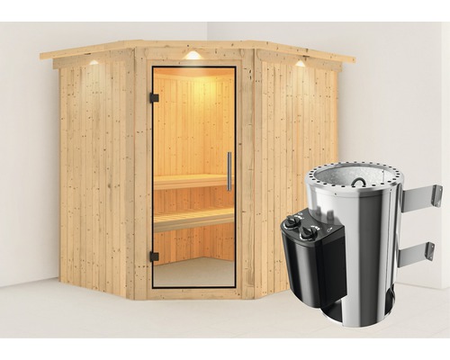 Plug & Play Sauna Karibu Achat VII inkl. 3,6 kW Ofen u.integr.Steuerung mit Dachkranz und Ganzglastüre aus Klarglas