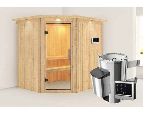 Plug & Play Sauna Karibu Achat VII inkl. 3,6 kW Ofen u.ext.Steuerung mit Dachkranz und Ganzglastüre aus Klarglas