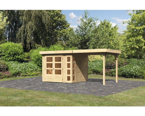 Gartenhaus Karibu Naomi 3 mit Anbau 2,4 m 466 x 217 cm natur