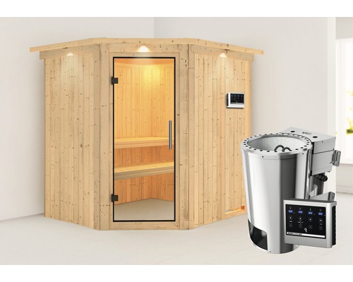 Plug & Play Sauna Karibu Achat VII inkl. 3,6 kW Bio Ofen u.ext.Steuerung mit Dachkranz und Ganzglastüre aus Klarglas
