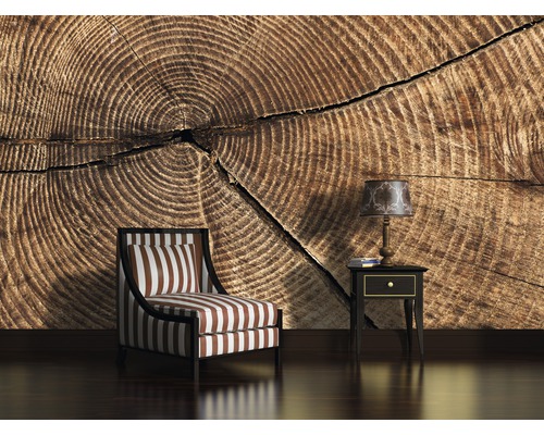 Dekorativer Raum mit Holzstamm-Tapete, Sessel und Tischlampe