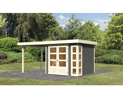 Gartenhaus Karibu Naomi 3 mit Anbau 2,4 m 491 x 238 cm terragrau Holzgartenhaus mit Anbau im Garten