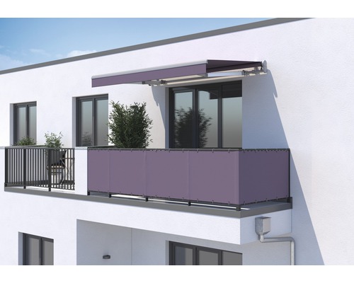 SOLUNA Balkonverkleidung H:75 cm Dessin 7554 (Meterware) Gebäudeansicht mit Balkon, Balkonbespannung und Markise