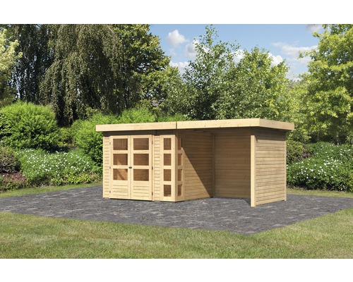 Gartenhaus Karibu Naomi 3 mit seitlichem Anbau 2,4 m und Seiten- und Rückwand 508 x 238 cm natur