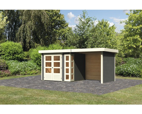 Gartenhaus Karibu Naomi 3 mit Anbau 2,4 m, Rück- und Seitenwand 466 x 217 cm terragrau