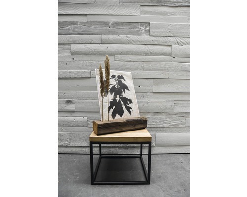 Dekoratives Stillleben mit Pflanzenmotiv auf einem Beistelltisch vor einer Holzwand