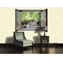 Dekoratives Interieur mit Fenster-Wandbild, Sessel und Nachttisch