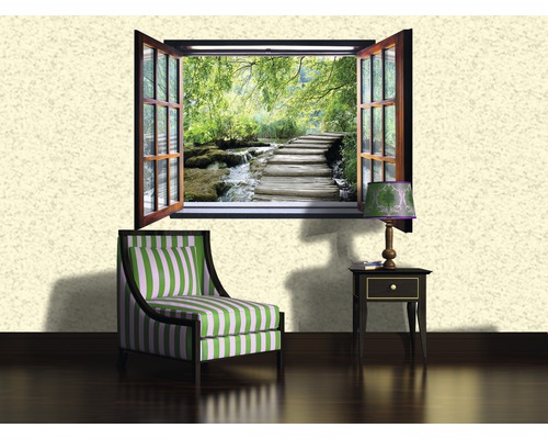 Dekoratives Interieur mit Fenster-Wandbild, Sessel und Nachttisch