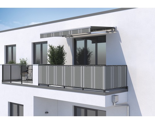 SOLUNA Balkonverkleidung H:75 cm Dessin A131 (Meterware) Gebäudeansicht mit Balkon, Balkonverkleidung und Markise