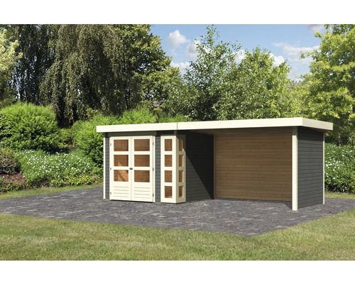 Gartenhaus Karibu Naomi 3 mit seitlichem Anbau 2,8 m und Seiten- und Rückwand 528,5 x 238 cm terragrau