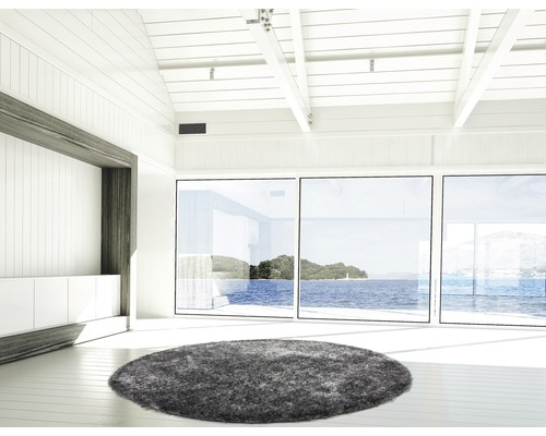 Heller Raum mit großem Fenster und rundem Teppich