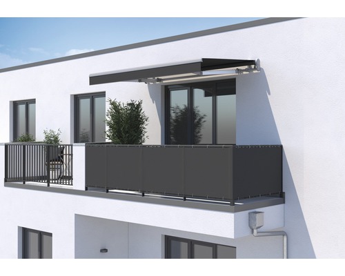 SOLUNA Balkonverkleidung H:75 cm Dessin 320925 (Meterware) Balkon mit Sichtschutz und Markise an einem Mehrfamilienhaus