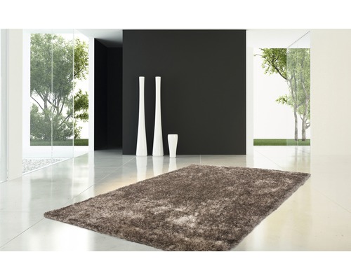 Braunfarbener Hochflor Teppich in modernem Raum mit weißen Vasen