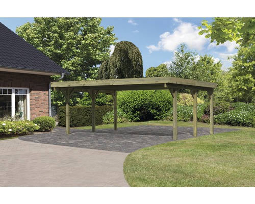 Doppelcarport Karibu Pluwig 1 Variante A 598x480 cm kesseldruckimprägniert Freistehender Carport aus Holz im Garten