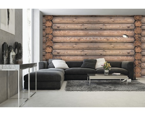 Wohnzimmer mit grauer Couch und Fototapete in Holzoptik
