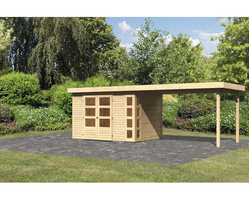 Gartenhaus Karibu Naomi 4 mit seitlichem Anbau 2,8 m 557 x 209 cm natur