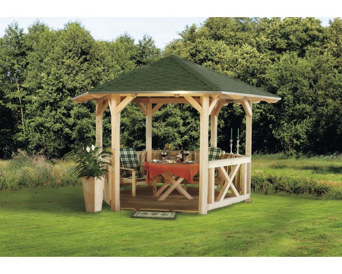 Pavillon SKAN HOLZ Colmar 1 mit Pfostenanker Ø 360 cm douglasie Holz Pavillon mit Tisch und Stühlen im Garten