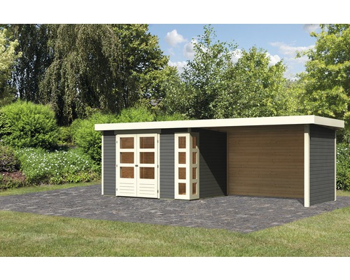 Gartenhaus Karibu Naomi 4 mit seitlichem Anbau 2,8 m und Seiten- und Rückwand 557 x 209 cm terragrau