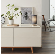Wohnzimmer-Szene mit Kommode, Tischleuchte, Pflanze und Dekoration