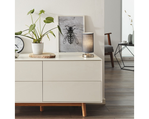 Wohnzimmer-Szene mit Kommode, Tischleuchte, Pflanze und Dekoration