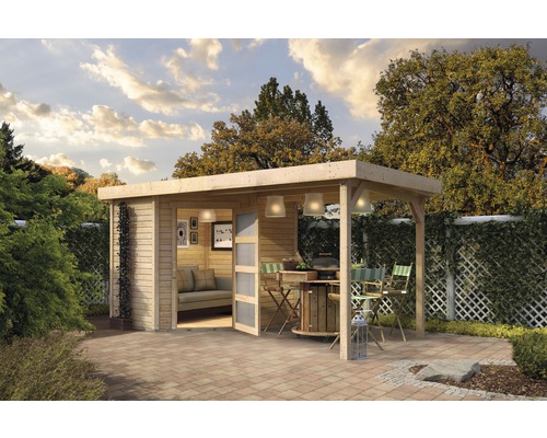Gartenhaus Karibu Anvik 3 mit Schleppdach 467 x 238 cm natur Gartenhaus mit Lounge-Bereich und Grillplatz auf Terrasse
