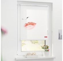 Fenster mit weißem Rollo mit Lippenmotiv