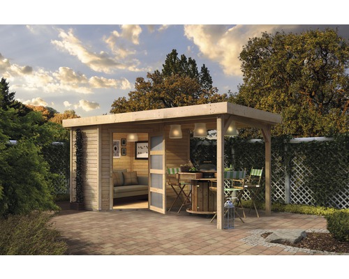 Gartenhaus Karibu Anvik 3 mit Schleppdach 467 x 238 cm terragrau Holzgartenhaus mit überdachter Terrasse und Gartengestaltung