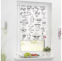 Fenster mit einem Rolladen mit Speisenmotiven wie Pizza, Kaffee und Fisch