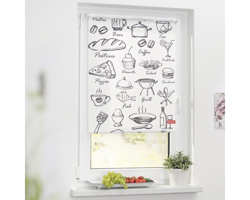 Klemmrollo Lichtblick ohne Bohren Menü 120x150 cm inkl. Klemmträger Fenster mit einem Rolladen mit Speisenmotiven wie Pizza, Kaffee und Fisch