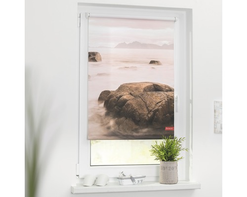 Klemmrollo Lichtblick ohne Bohren Stone 120x150 cm inkl. Klemmträger Fensterrollladen mit Meeresmotiv im weißen Rahmen
